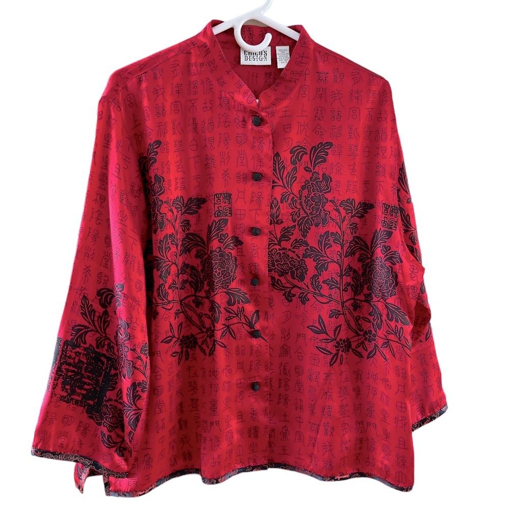 Chico's Red Floral & Script Button-Front Blouse